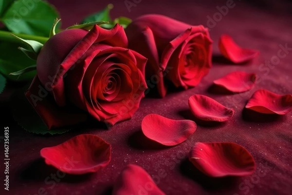 Obraz Dark red roses with scattered petals on velvet fabric, valentines texture, texture