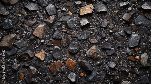 Fototapeta Rugged dark granite stone surface showcasing coarse speckles illuminated by high-contrast lighting, ideal for architectural and construction projects