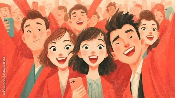 Fototapeta A cheerful crowd of young adults takes a joyful selfie together celebrating a special occasion in vibrant red attire.