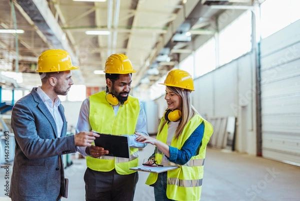 Fototapeta Engineers and Technicians Collaborating in a Factory Setting Wearing Safety Gear