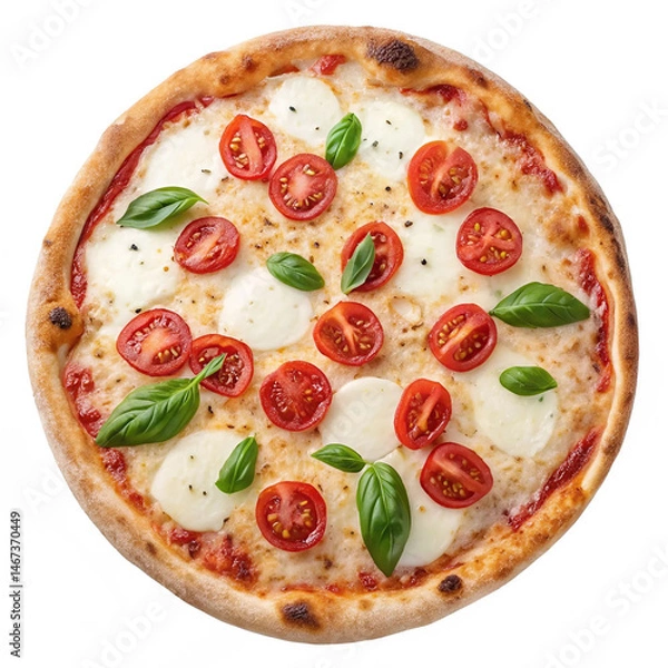 Obraz delicious pizza with melted cheese, fresh basil leaves, and halved tomatoes, detailed close-up, high quality,