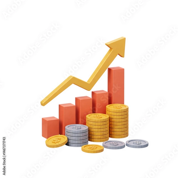 Fototapeta 3D Business Growth Graph with Coins and Upward Arrow – Financial Success Concept | Isolated On Transparent Background PNG image