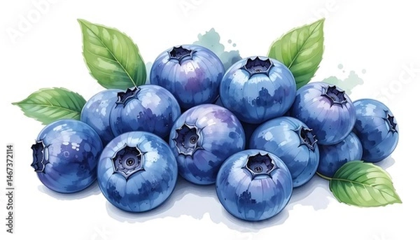 Fototapeta Watercolor-style illustration of ripe blueberries with green leaves, artistically arranged on a white background for a fresh and organic look.
