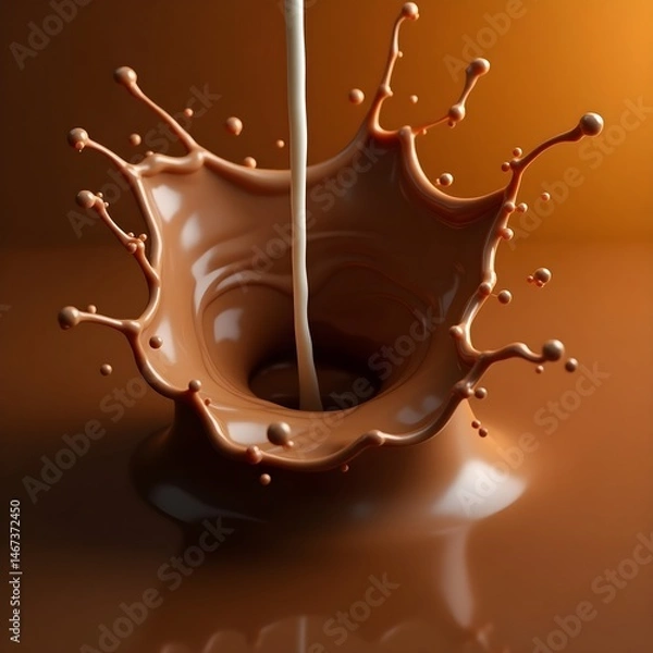 Fototapeta Creamy milk mixes with dark chocolate, creating a vibrant splash in a deep brown swirl. The scene captures the essence of indulgence and sweetness.