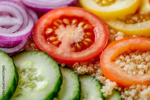 Fototapeta The image presents a close-up view of a quinoa salad, comprising sliced cucumbers, halved tomatoes, and small pieces of red onion, exemplifying a nutritious and visually appealing meal choice