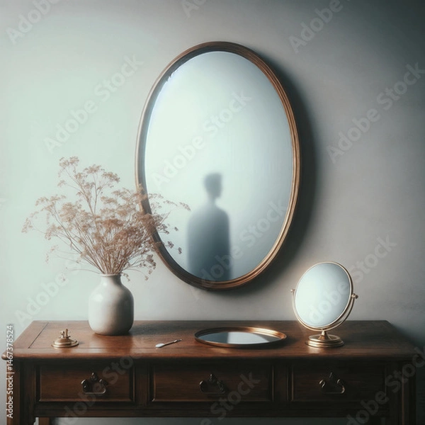 Fototapeta An oval mirror reflects a shadowy figure above a wooden vanity, creating a tranquil scene.