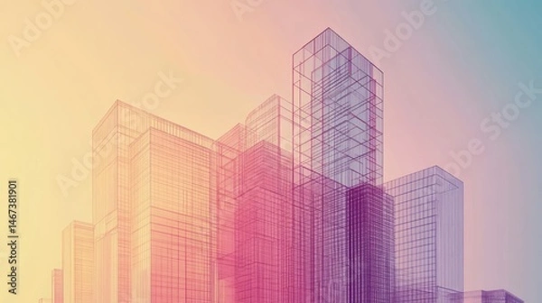 Fototapeta Abstract pastel cityscape, wireframe buildings, architectural design.