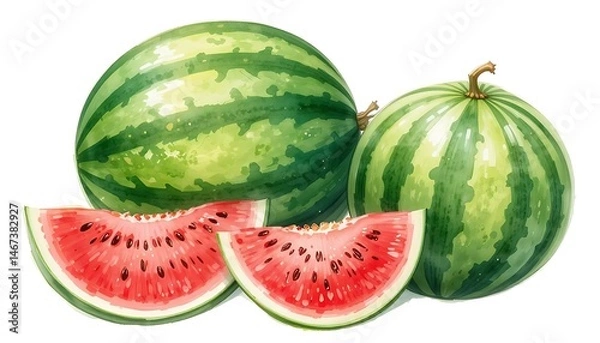 Fototapeta Watercolor-style illustration of whole and sliced watermelons with vibrant red flesh and green rind, arranged on a white background.