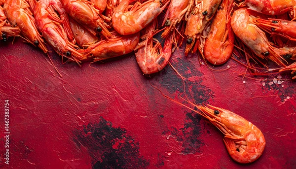 Fototapeta a vibrant culinary display featuring numerous raw shrimp with red shells