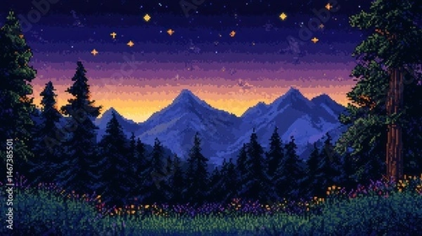 Fototapeta Pixel art depicting a serene twilight mountain range scene with a forest and wildflowers in the foreground.