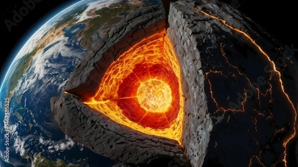 Obraz Glowing Cutaway View of Earth Core Structure 4K AI Generated