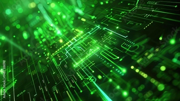 Fototapeta The picture of the green circuit board with technology theme that stands for the connection, mainboard or motherboard is central printed circuit board in computer or other electronic device. AIG51.