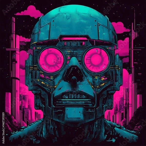Obraz Cyberpunk robot head, neon city, digital art, future tech