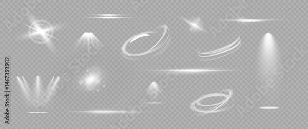Obraz Glow isolated white transparent light effect set, glitter, line, sun flash, dust, stars, sunlight, spotlight, swirl, spiral, portal or tunnel, rings. Abstract special effect