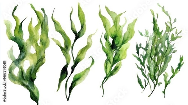 Fototapeta Watercolor painting of four types of seaweed and aquatic plants on white background.