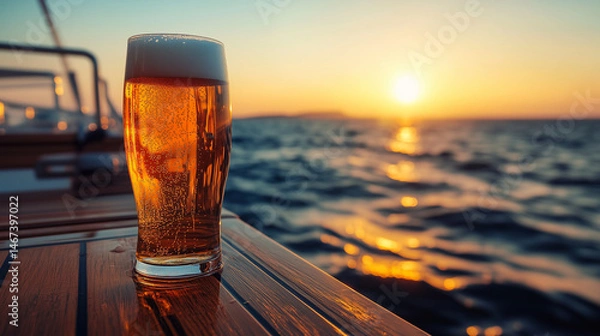 Fototapeta Tall glass of foamy beer resting on a polished wooden table in luxurious yacht deck  during sunset with  the ocean waves in the background.