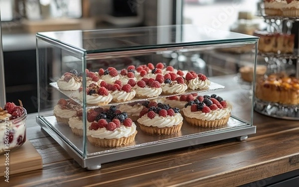 Obraz Display case filled with delicious, berry-topped tarts, pastries, and desserts.