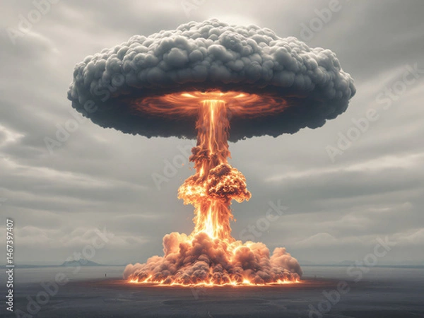 Fototapeta Nuclear explosion with a mushroom cloud, depicting intense destruction and devastation.
