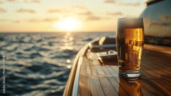 Fototapeta Tall glass of foamy beer resting on a polished wooden table in luxurious yacht deck  during sunset with  the ocean waves in the background.