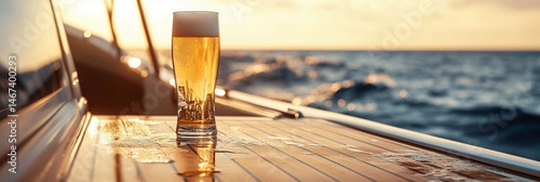 Fototapeta Tall glass of foamy beer resting on a polished wooden table in luxurious yacht deck  during sunset with  the ocean waves in the background.