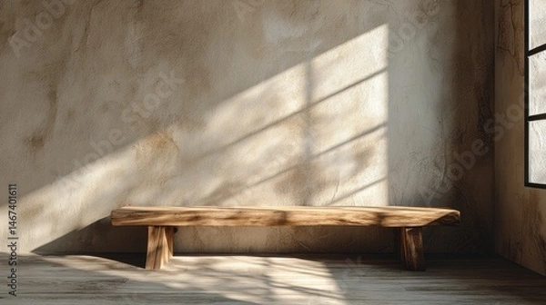 Fototapeta Rustic oak bench bathed in sunlight, enhancing the minimalistic charm of a spacious, warmly textured room with soft beige walls