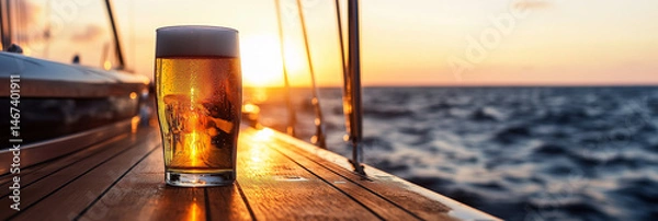 Fototapeta Tall glass of foamy beer resting on a polished wooden table in luxurious yacht deck  during sunset with  the ocean waves in the background.