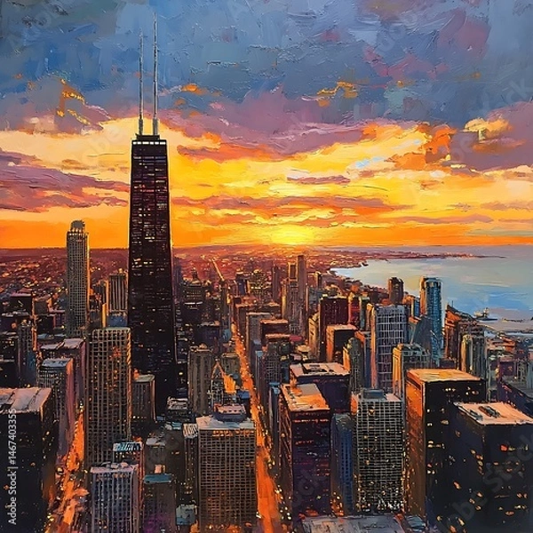 Fototapeta Stunning New York Skyline at Dusk with Illuminated Skyscrapers Lights High Resolution Picture