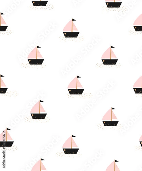 Obraz Cute Hand Drawn Print With Small Sailboats On The Sea. Childish Drawing-like Seamless Vector Pattern With Regatta Boats On a Wavy Water. Marine Wallpaper. Pink-black Boats On a White Background. 
