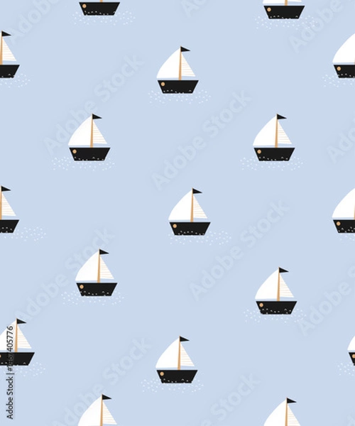 Obraz Cute Hand Drawn Print With Small Sailboats On The Sea. Childish Drawing-like Seamless Vector Pattern With Regatta Boats On a Wavy Water. Marine Pattern ideal For Fabric, Wallpaper. 