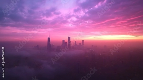 Fototapeta Sunset Over City Skyline Creating Majestic Vibe With Colors High Resolution Picture