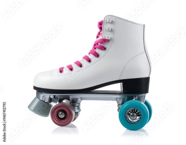 Fototapeta White Roller Skate with Pink and Teal Wheels on White Background