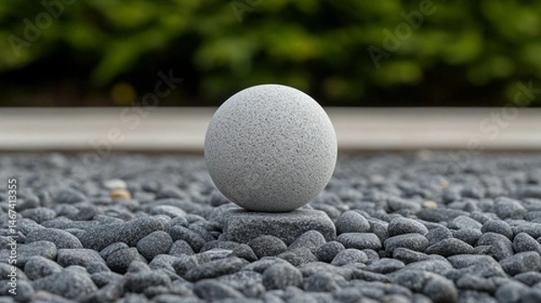 Fototapeta Smooth sphere on a stone base, amidst pebbles