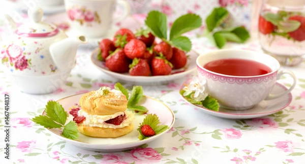 Obraz Cream puffs cakes or profiterole filled with whipped cream and strawberries