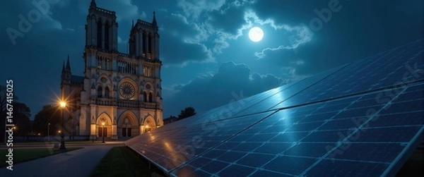 Fototapeta Solar panels in front of a gothic building at night under a full moon, renewable energy concept.