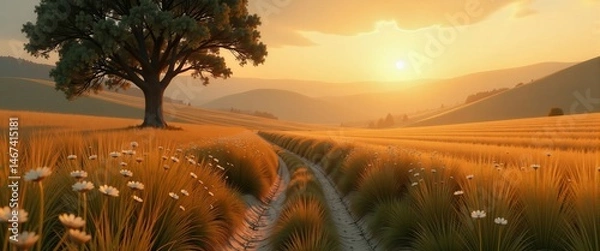 Fototapeta Dirt path through golden field with tall grass and wildflowers towards hills under warm sunset sky with large tree, rural landscape.