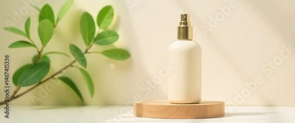 Fototapeta A beige cosmetic spray bottle with a gold cap sits on a wooden podium next to a green plant branch, skincare product display.