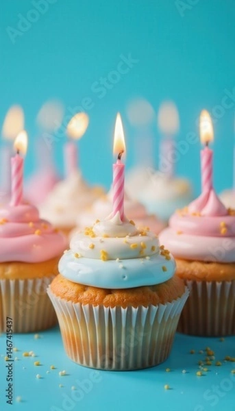 Fototapeta Close up of colorful cupcakes with lit candles and sprinkles on blue background, Birthday Celebration.