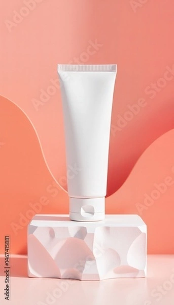 Fototapeta White cosmetic tube standing on a geometric stand against a peach background, beauty product display.