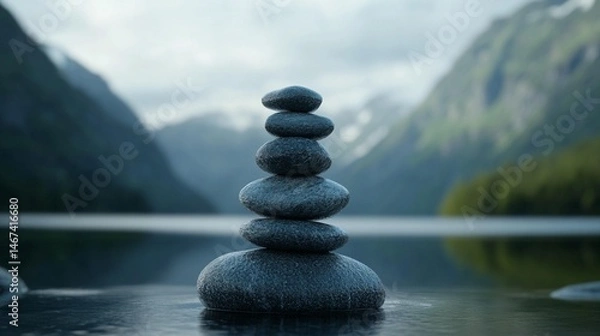 Fototapeta Stacked stones by lake, mountains background