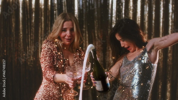 Fototapeta The girl opens a bottle of champagne. A woman in a sparkling dress uncorks a bottle of alcohol