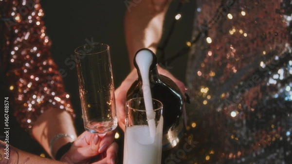 Obraz The girl opens a bottle of champagne. A woman in a sparkling dress uncorks a bottle of alcohol