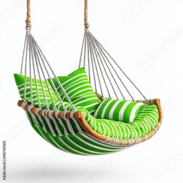 Fototapeta Green and White Striped Hammock with Cushions for Relaxation