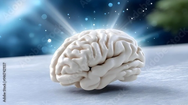 Fototapeta Realistic 3D Brain Model with Glowing Light Effect and Bokeh Background