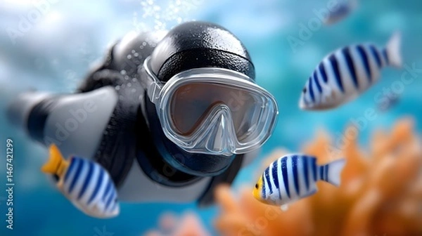 Fototapeta Diver Exploring Vibrant Coral Reef Surrounded by Colorful Fish