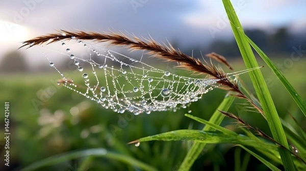 Fototapeta Morning Dew on Spider Web Captured in Nature's Serene Landscape