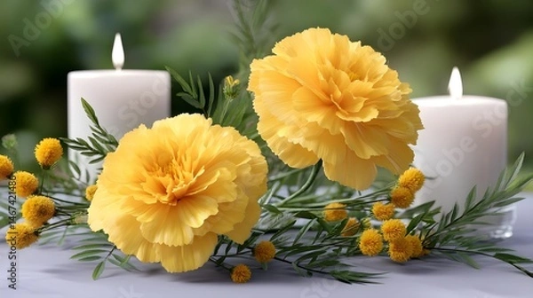 Fototapeta Beautiful Yellow Flowers and Candles Arrangement on Table