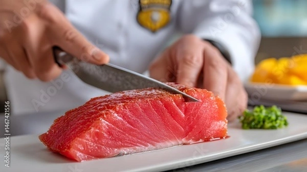 Fototapeta Chef Slicing Fresh Salmon Fillet with Sharp Knife on Plate