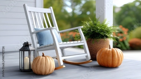 Fototapeta Cozy Autumn Scene with Rocking Chair, Pumpkins, and Lantern