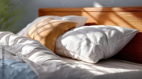 Fototapeta Cozy Bed Scene with Soft Pillows and Gentle Morning Light