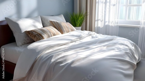 Fototapeta Cozy Bedroom with Soft Bedding and Natural Light Streaming In
